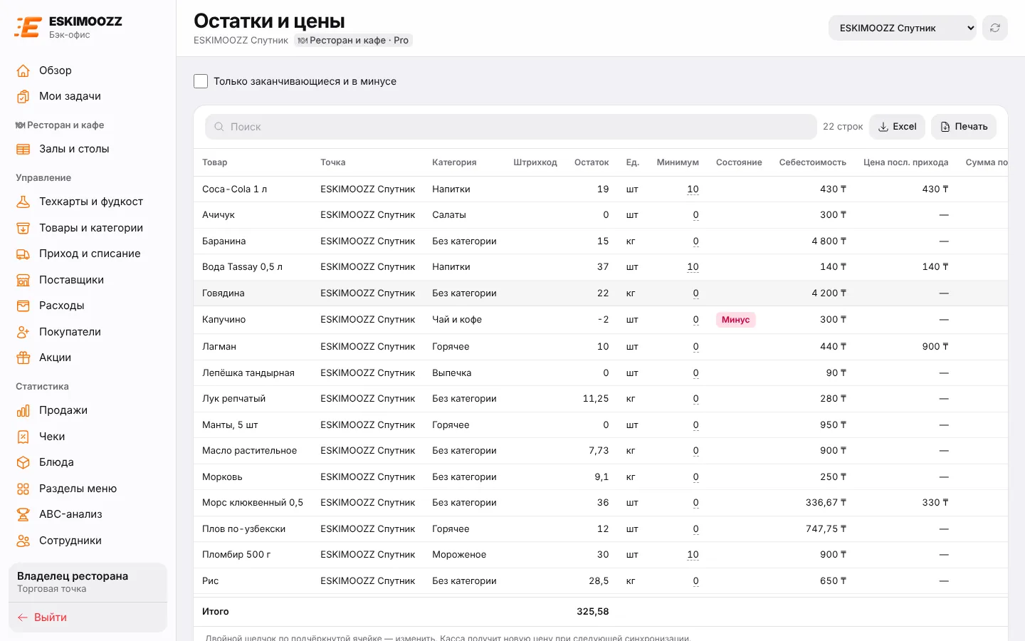 Остатки и цены в бэк-офисе