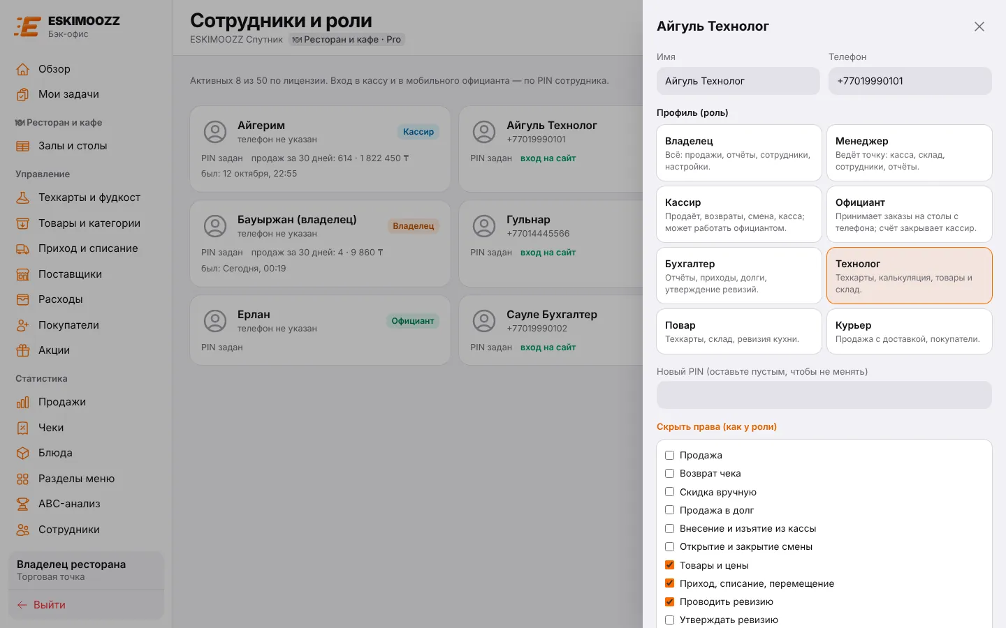 Точные права сотрудника: отдельные галочки сверх роли